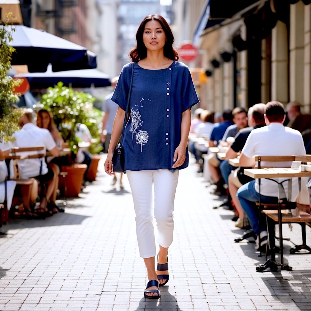 Miss Look Tunic Top Size 4X Navy Blue Short Sleeve Cotton Blend Dandelion NWT‎